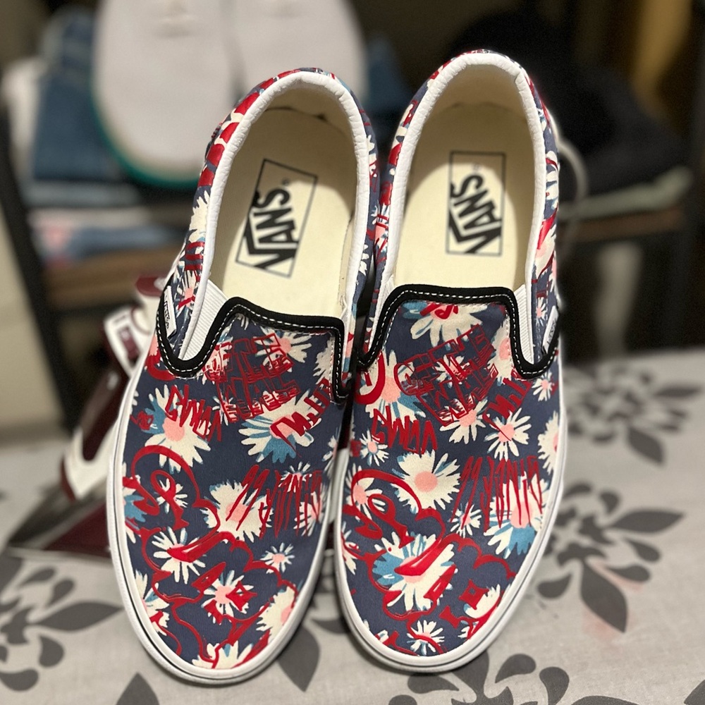 Vans Red and Blue Floral Slip-On Sneakers